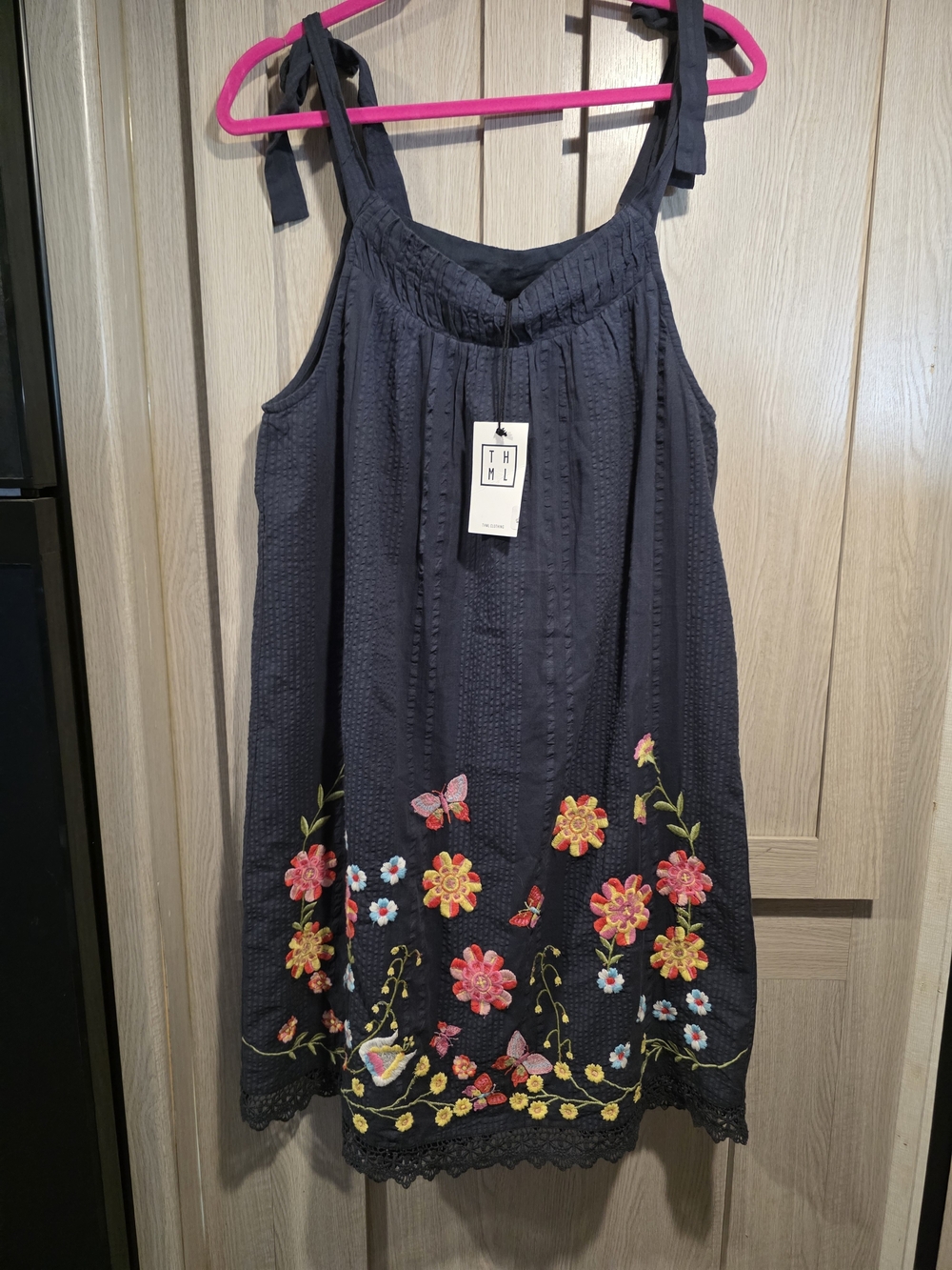Womens Boutique THML Denim Floral Embroidered Midi Dress L